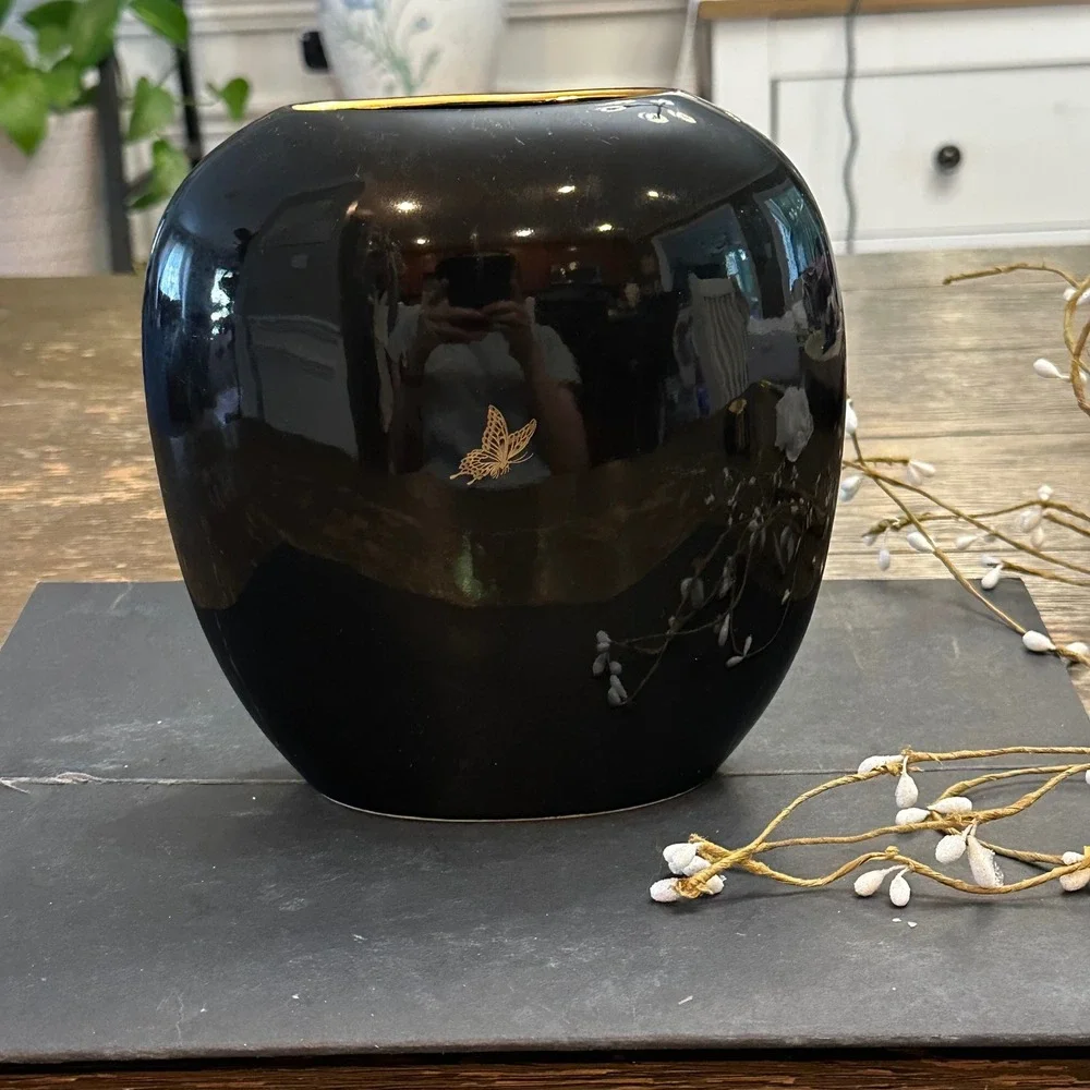 Vintage Japanese Black Porcelain Thin Vase Decor Chrysanthemum Butterfly 7 inch